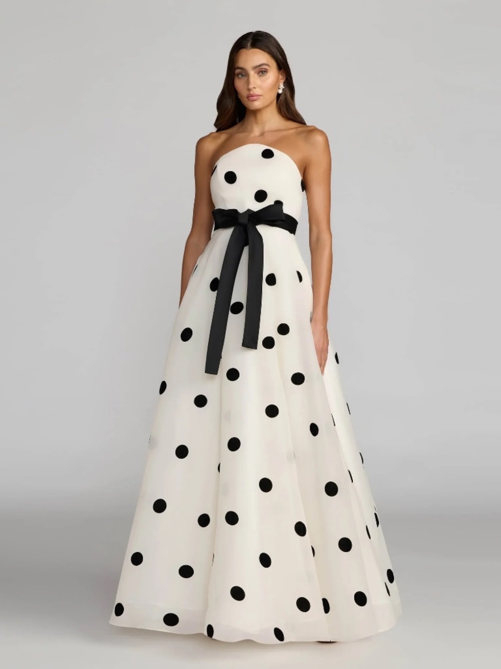 Mac Duggal Strapless Ivory Gown with Black Polka Dots and Black Sash